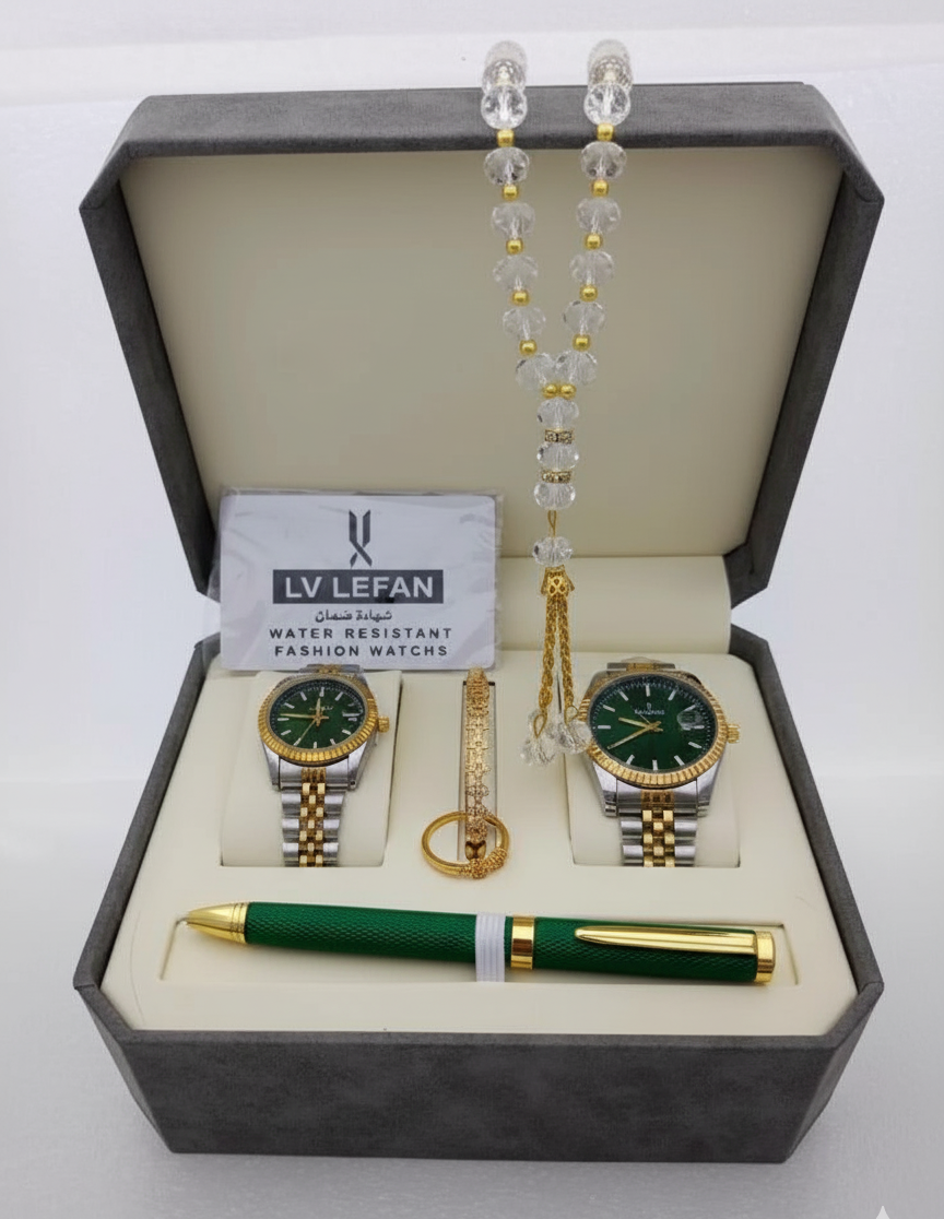 "Men's Stainless Steel Set: Watch, Rosary, Pen & Cufflinks"