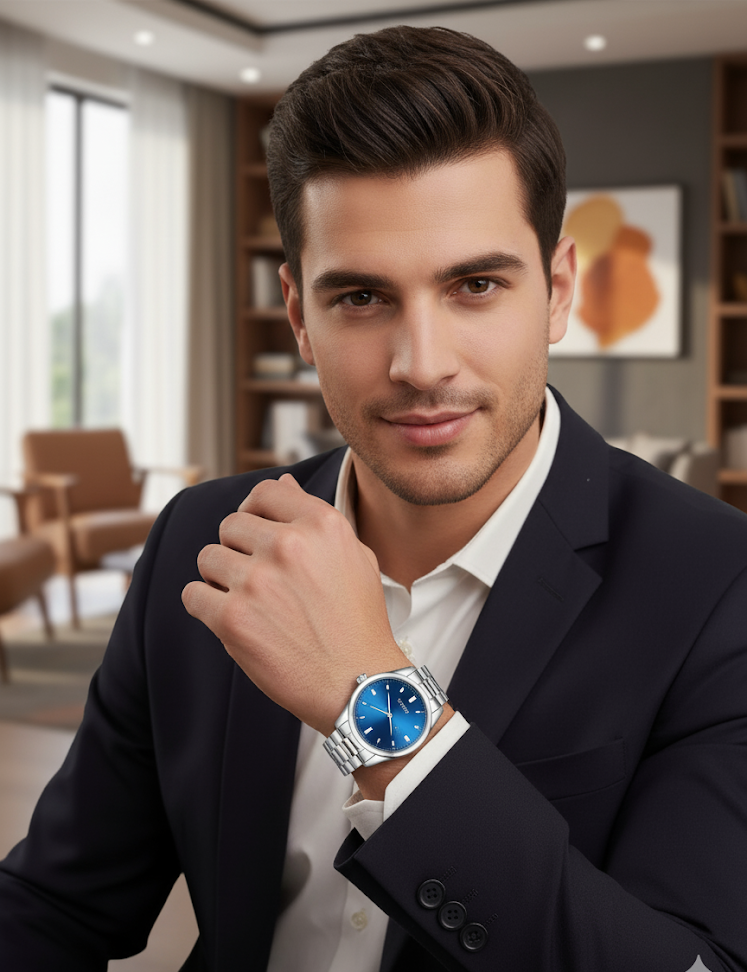 "Men's Stainless Steel Set: Watch, Rosary, Pen & Cufflinks"